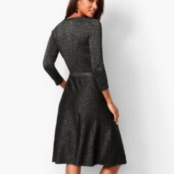 Talbots Merino Wool Metallic Thread Fit Flare Faux Wrap Dress Festive Holidays L - Picture 2 of 8